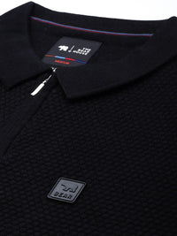 THE BEAR HOUSE Ardor Edition Men Black Self Design Cotton Polo Collar Slim Fit T-shirt