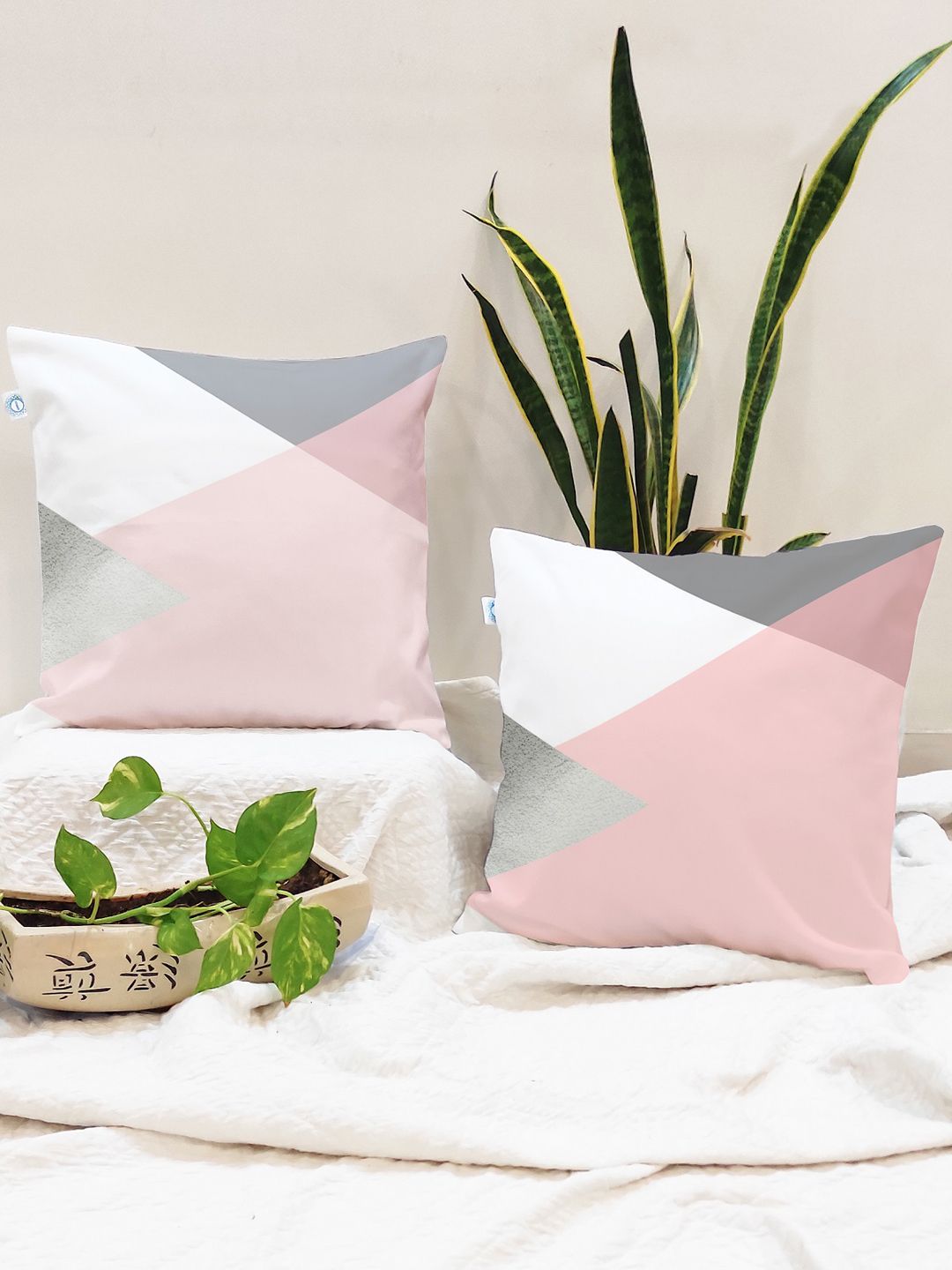 STITCHNEST Pink & White Set of 2 Geometric Square Cushion Covers