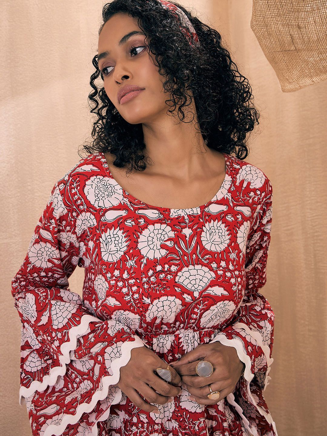 Pink Paprika by SASSAFRAS Floral Printed Flared Sleeve Cotton Smocked Fit & Flare Dress