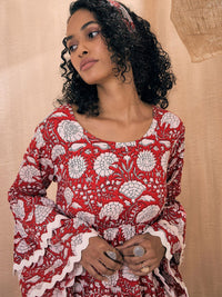 Pink Paprika by SASSAFRAS Floral Printed Flared Sleeve Cotton Smocked Fit & Flare Dress