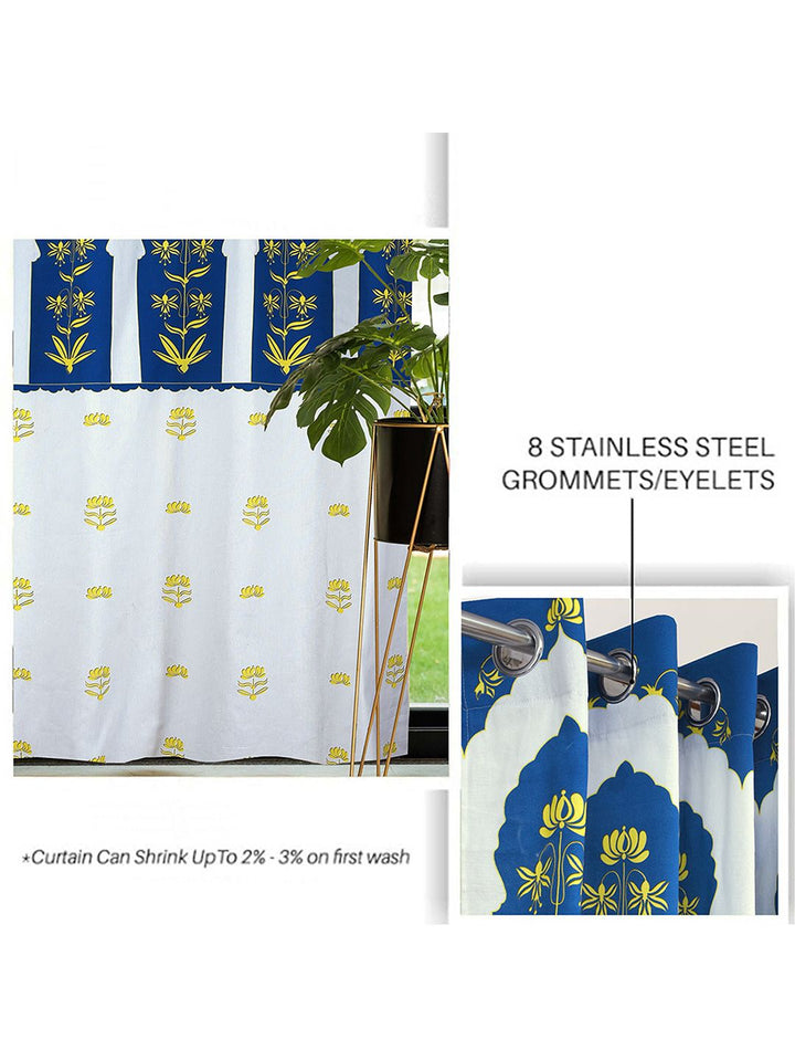 Cortina White & Blue 2 Pieces Ethnic Motifs Printed Cotton Door Curtain