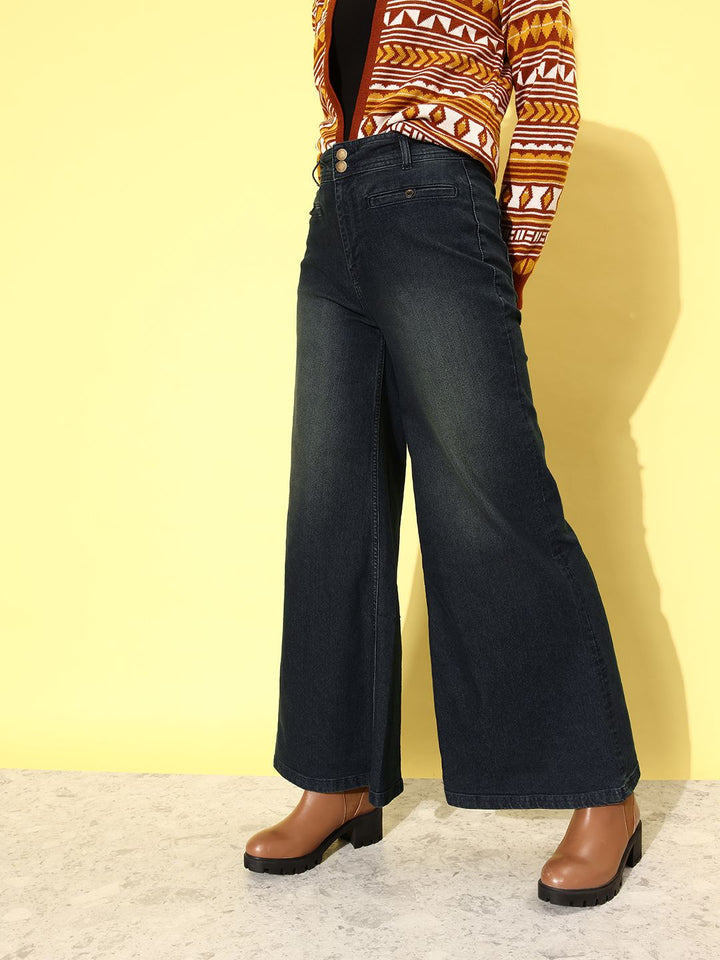 DressBerry Women Electric Blue We May Party Wide Leg Light Fade Stretchable Jeans