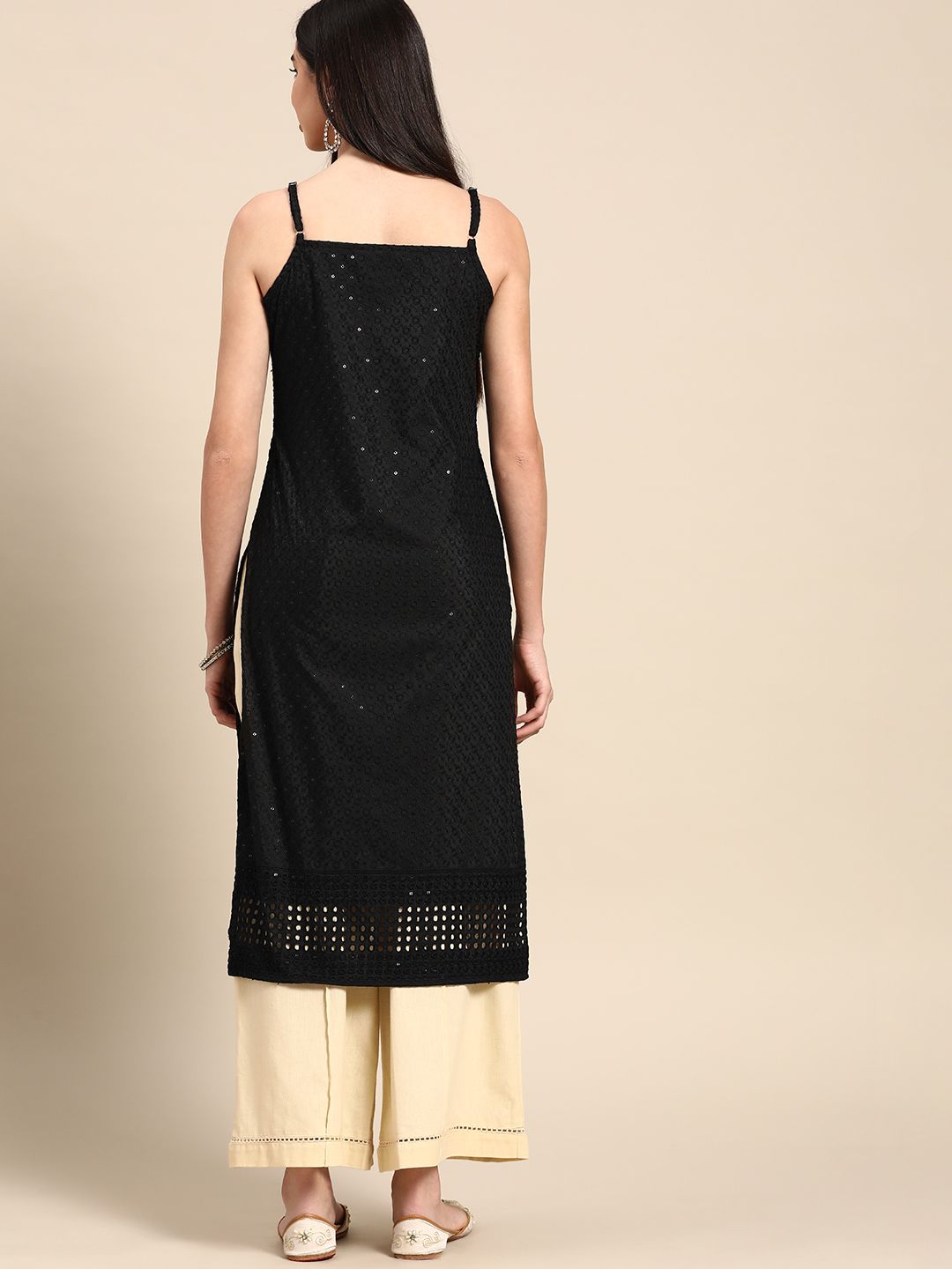 Anouk Women Black Cotton Ethnic Motifs Schiffli Embroidered Fusion Kurta
