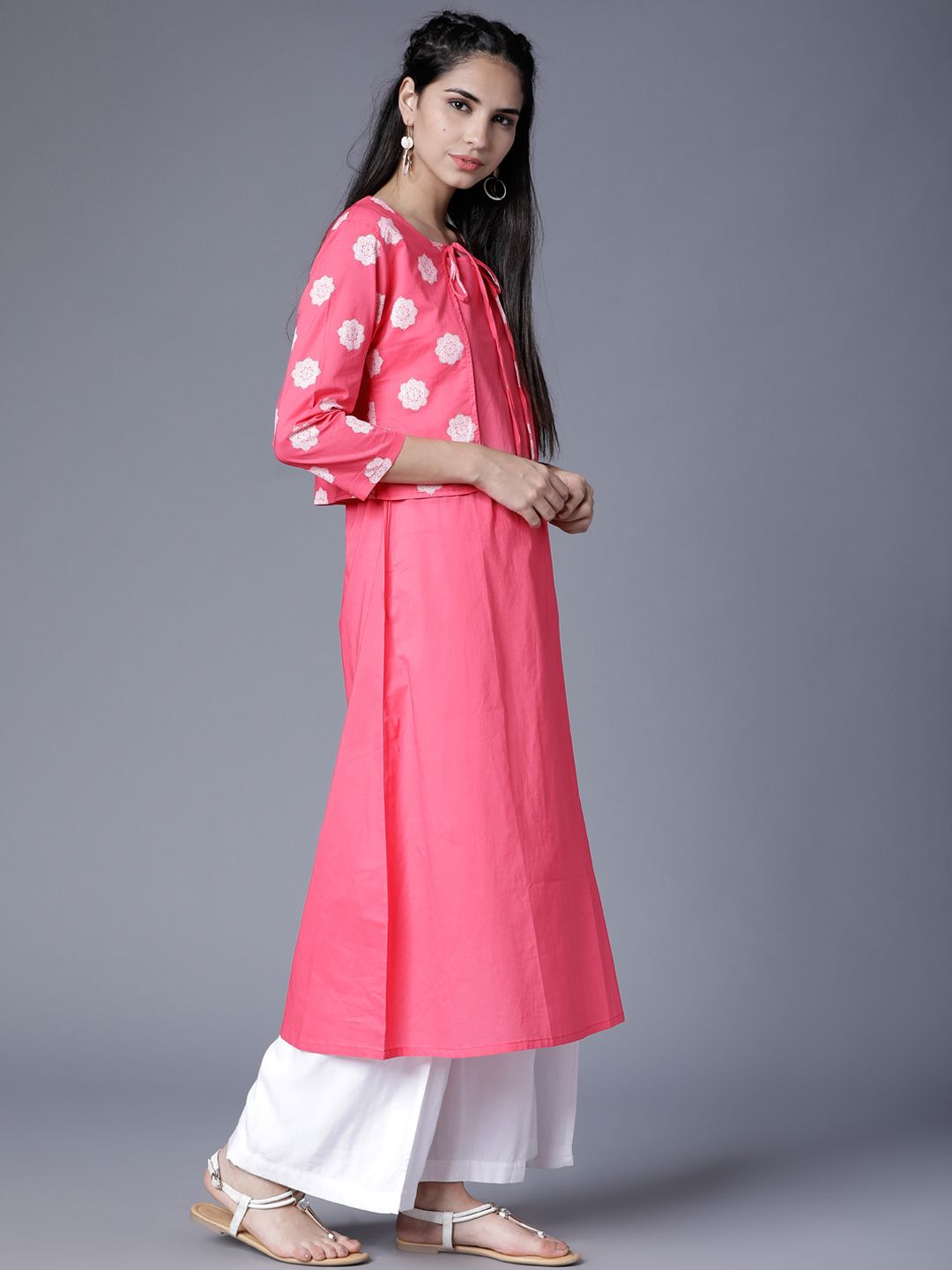 Vishudh Women Pink & White Printed A-Line Kurta