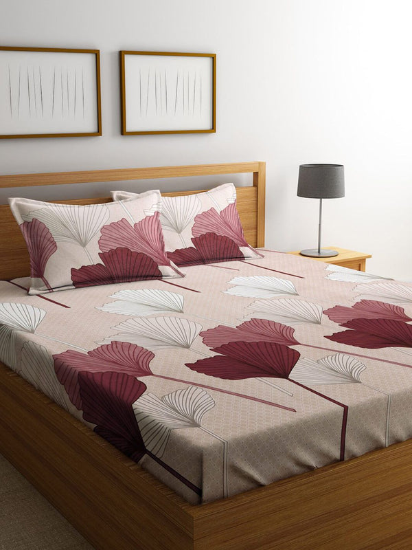KLOTTHE Beige Floral 300 TC Pure Cotton Blend Double King Bedsheet Set