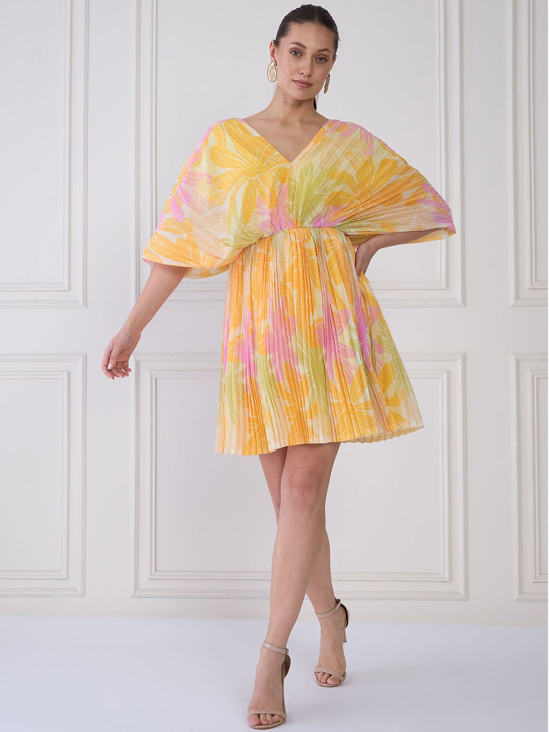 Antheaa Yellow & Pink Floral Print V-Neck Extended Sleeves Chiffon Fit & Flare Dress