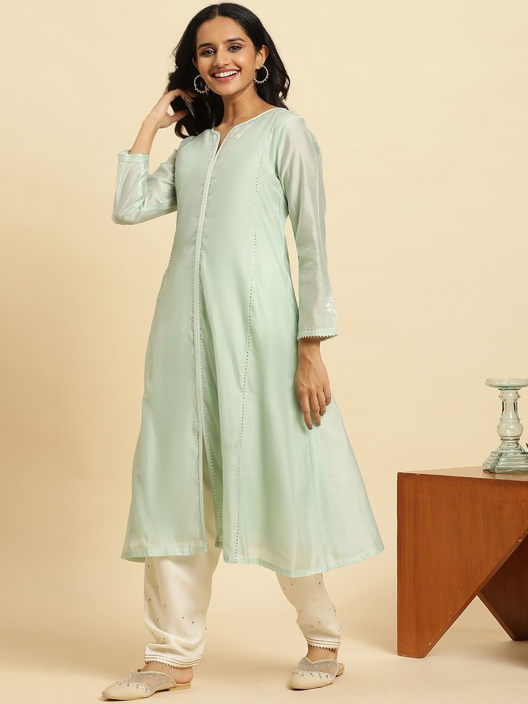 W Green Round Neck Gotta Patti A-Line Kurta