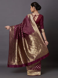 Mitera Magenta & Gold-Toned Silk Blend Woven Design Kanjeevaram Saree