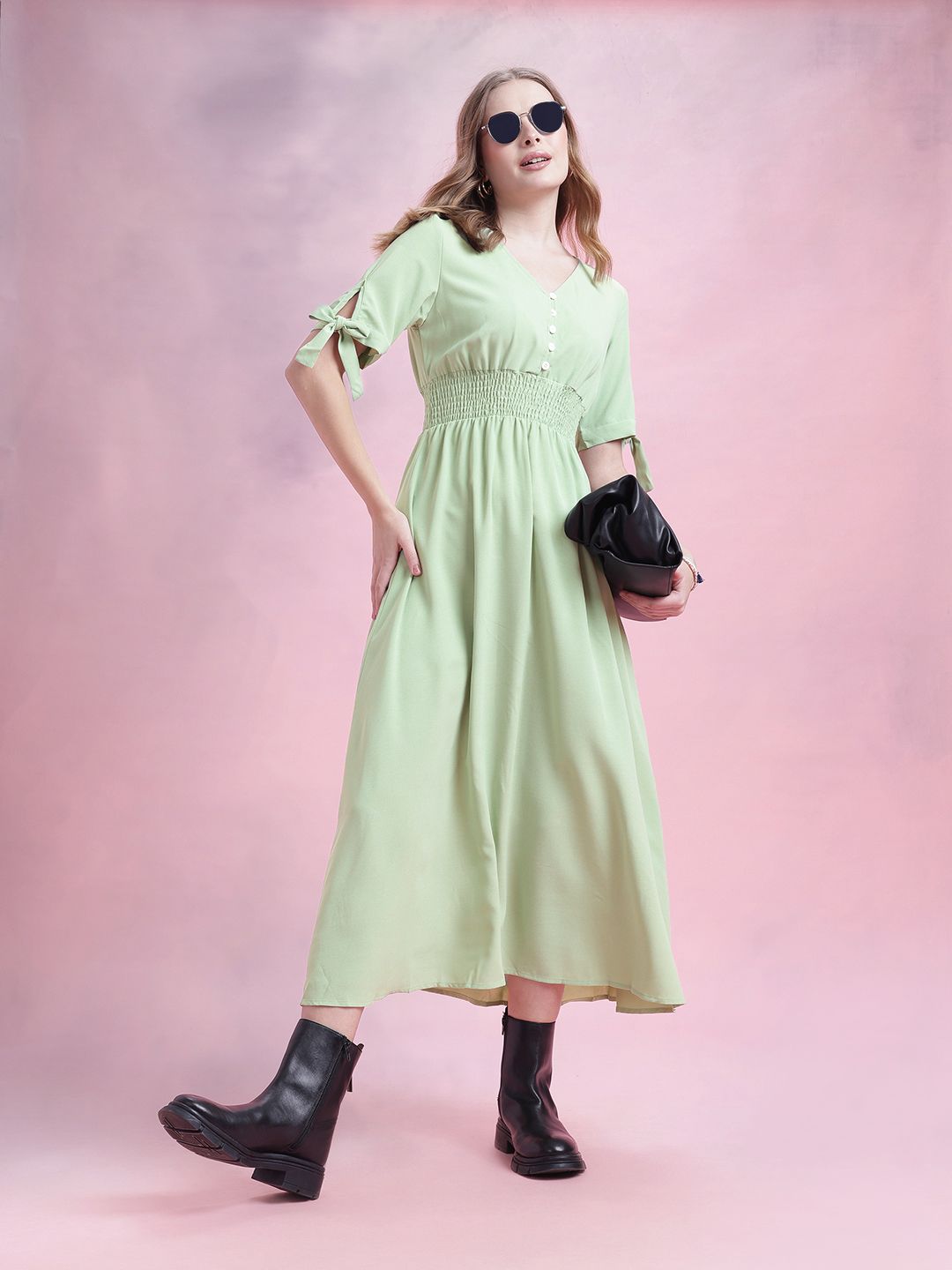DressBerry Smocked Effect Fit & Flare Maxi Dress with Tie-ups