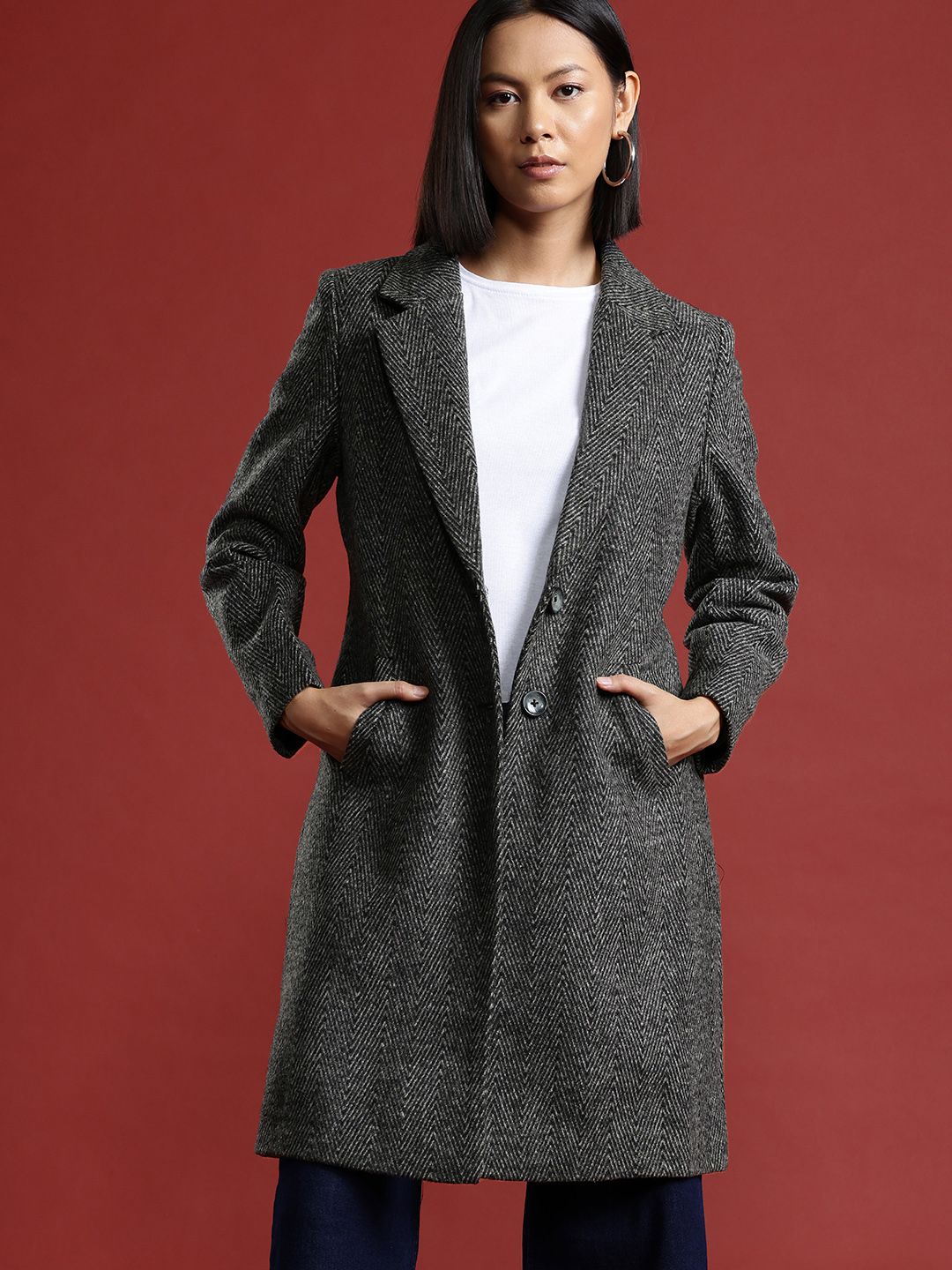 all about you Geometric Self Design Single-Breasted Longline Over Coat