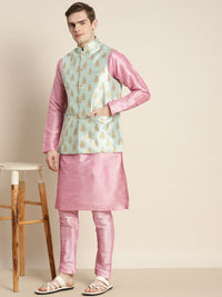 SOJANYA Men Kurta with Churidar & Ethnic Motifs Embroidered Nehru Jacket