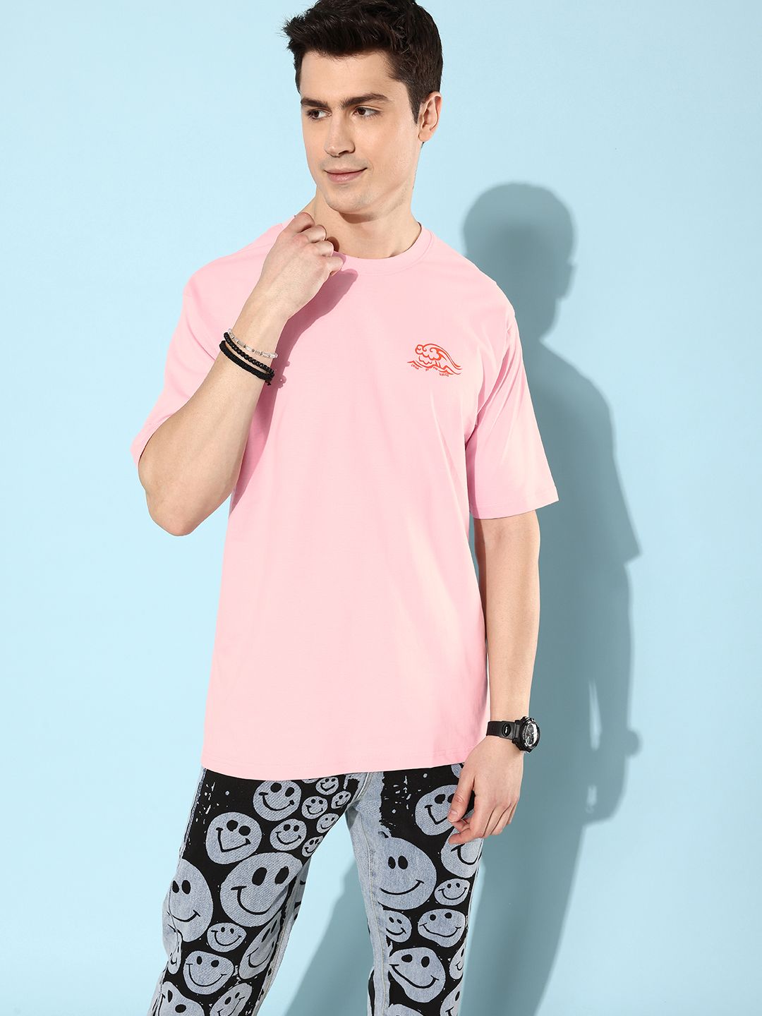 Difference of Opinion Men Pink & Orange Pure Cotton Typography Printed Loose T-shirt