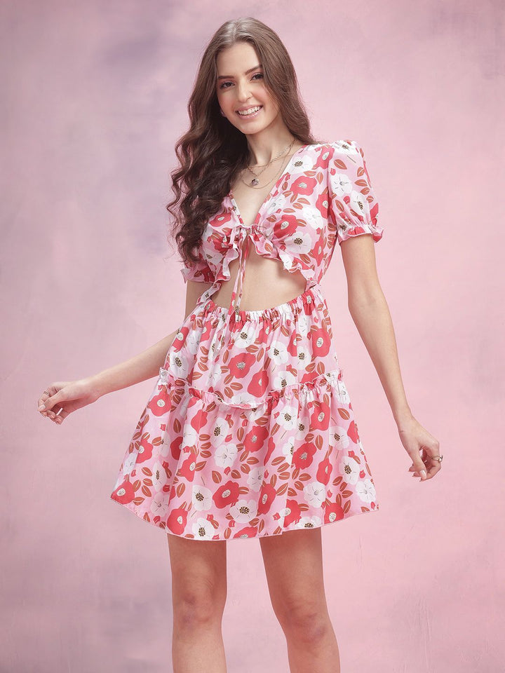 DressBerry Floral Print Cut-Out Detail Ruffled A-Line Mini Dress