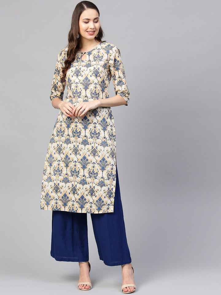 SOJANYA Women Beige & Navy Blue Printed Straight Kurta