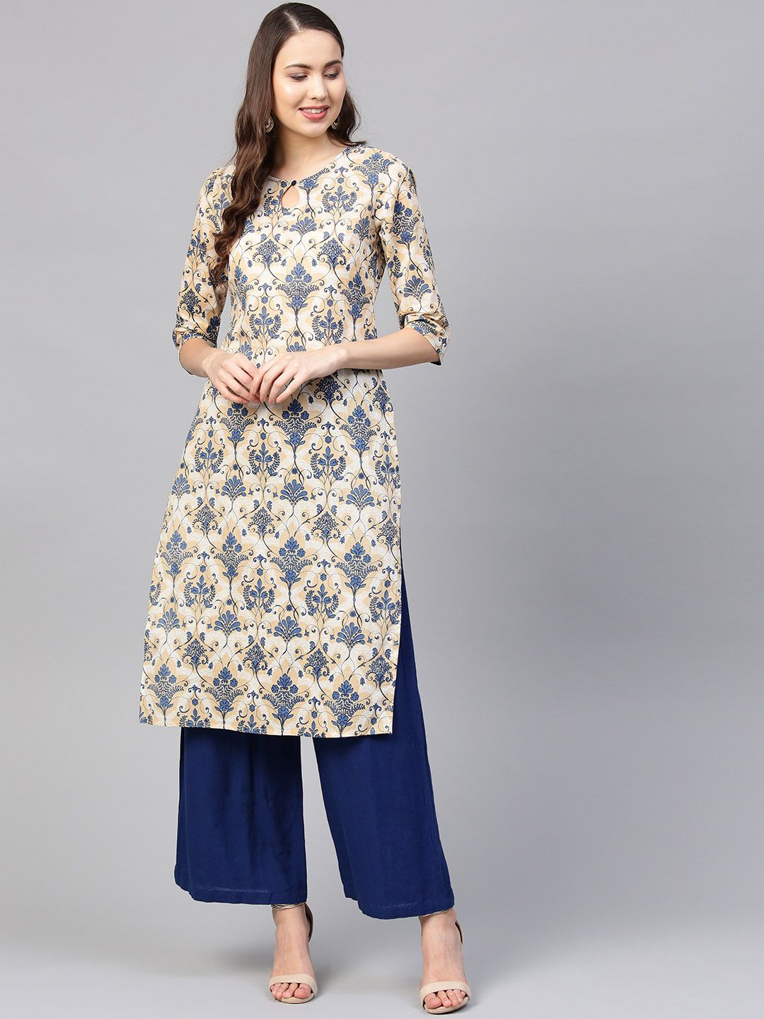 SOJANYA Women Beige & Navy Blue Printed Straight Kurta