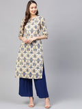 SOJANYA Women Beige & Navy Blue Printed Straight Kurta