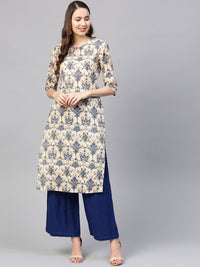 SOJANYA Women Beige & Navy Blue Printed Straight Kurta