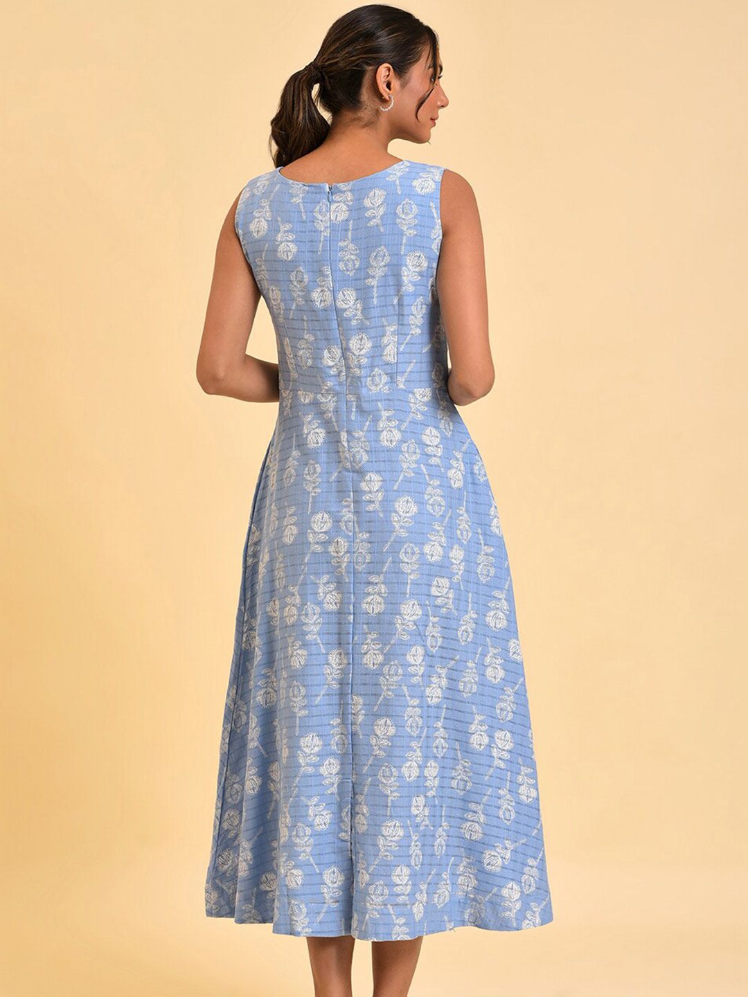 W Blue Floral Printed Pure Cotton A-Line Midi Dress
