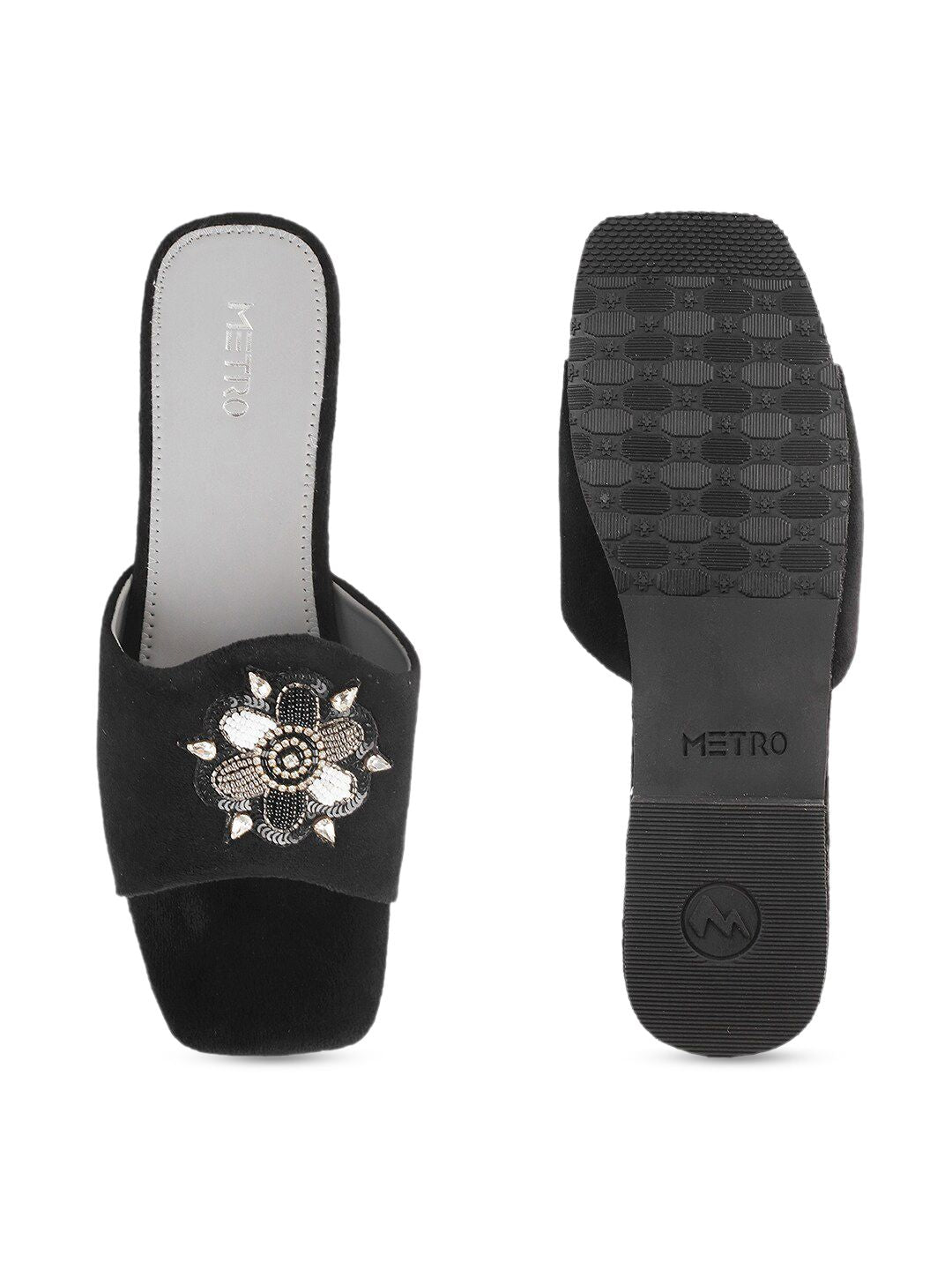 Metro Women Black Embellished Open Toe Flats