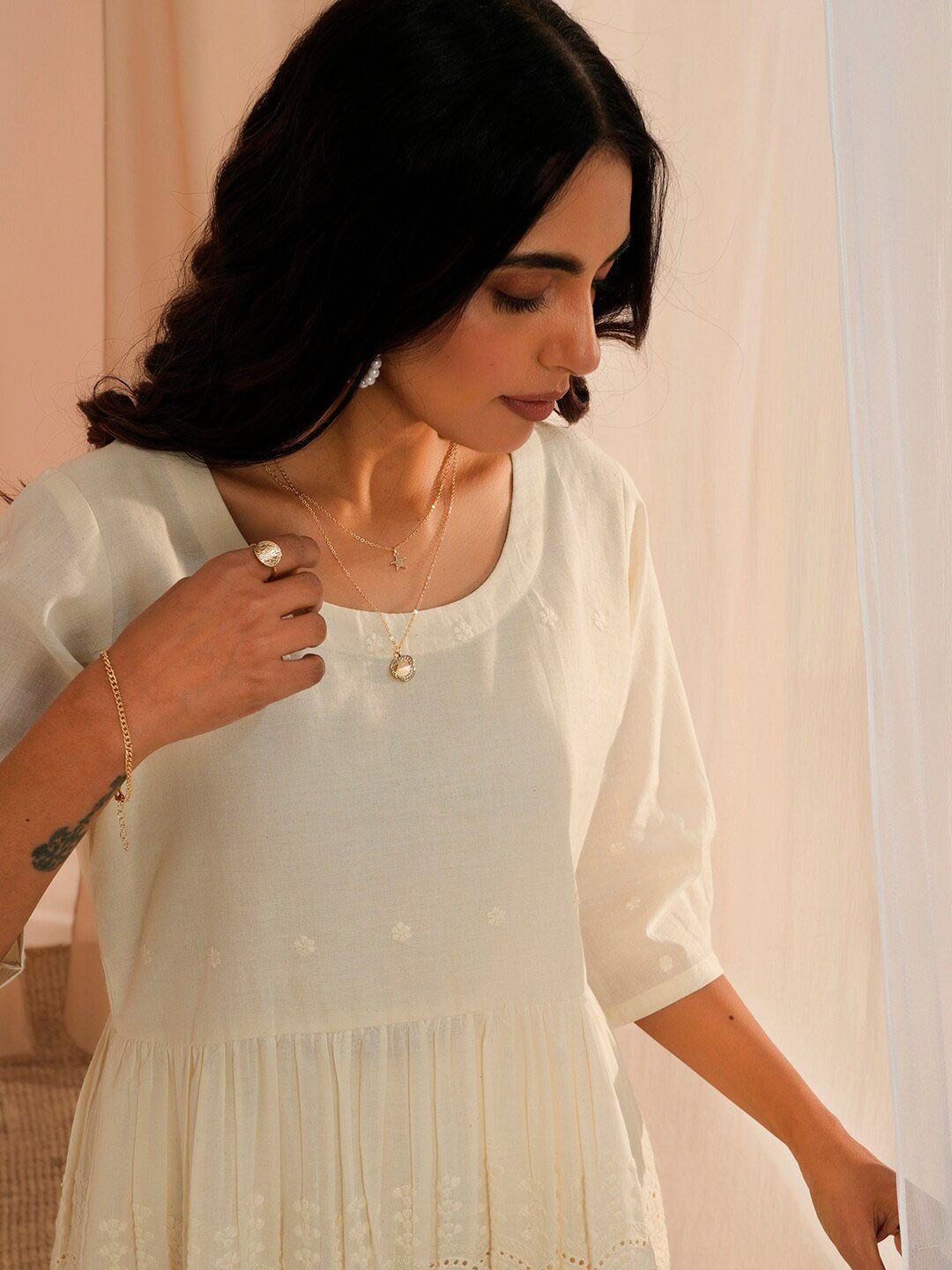 Libas Off White Self Design Round Neck Pure Cotton Flared Anarkali Kurta With Palazzo