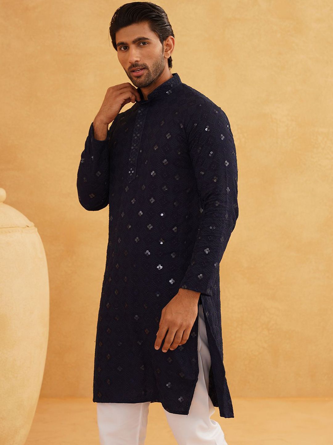 SOJANYA Geometric Embroidered Mandarin Collar Sequinned Pure Cotton Kurta With Churidar