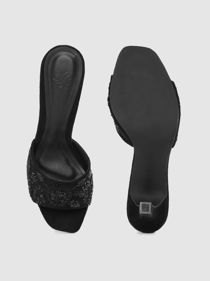 House of Pataudi Women Black Western Embellished Handcrafted Heels