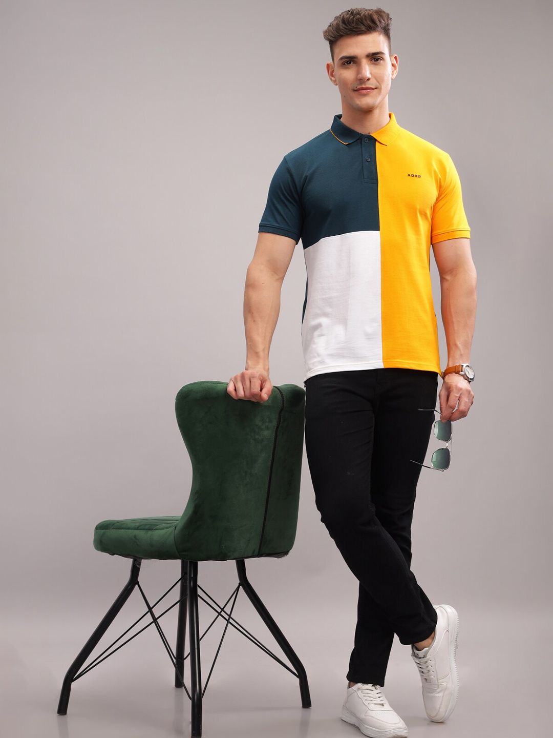 ADRO Colourblocked Polo Collar Lengan Pendek Kapas Tulen T-shirt Biasa