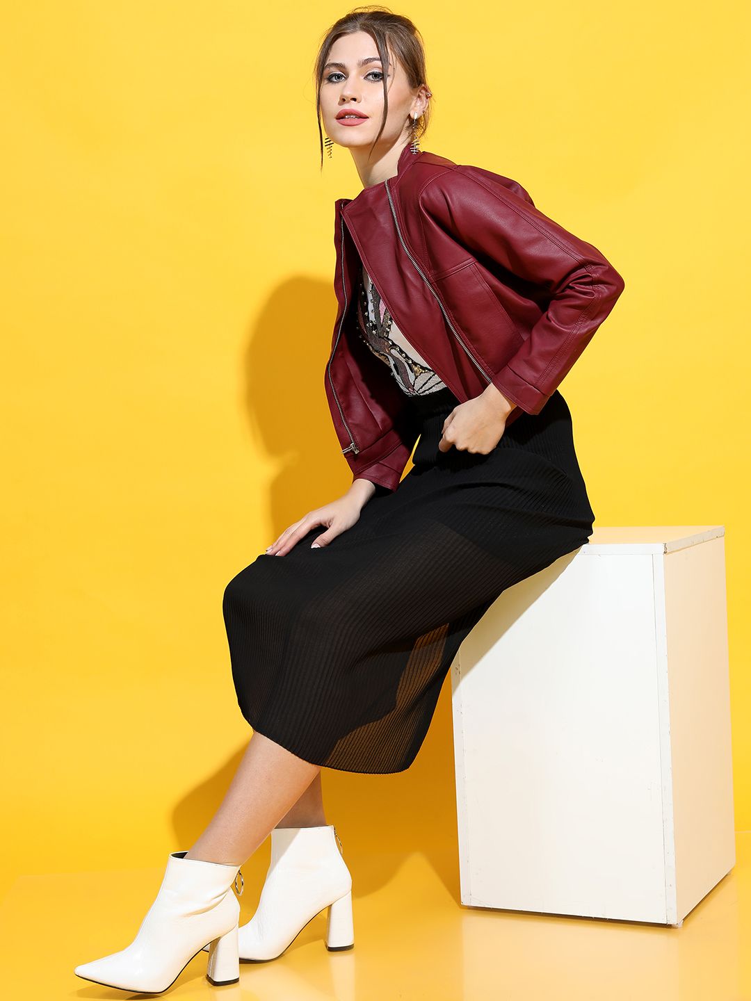 Tokyo Talkies Women Burgundy Crop Biker Jacket