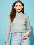 STREET 9 Grey Cable Knit Self Design Turtle Neck Acrylic Crop Pullover Sweater