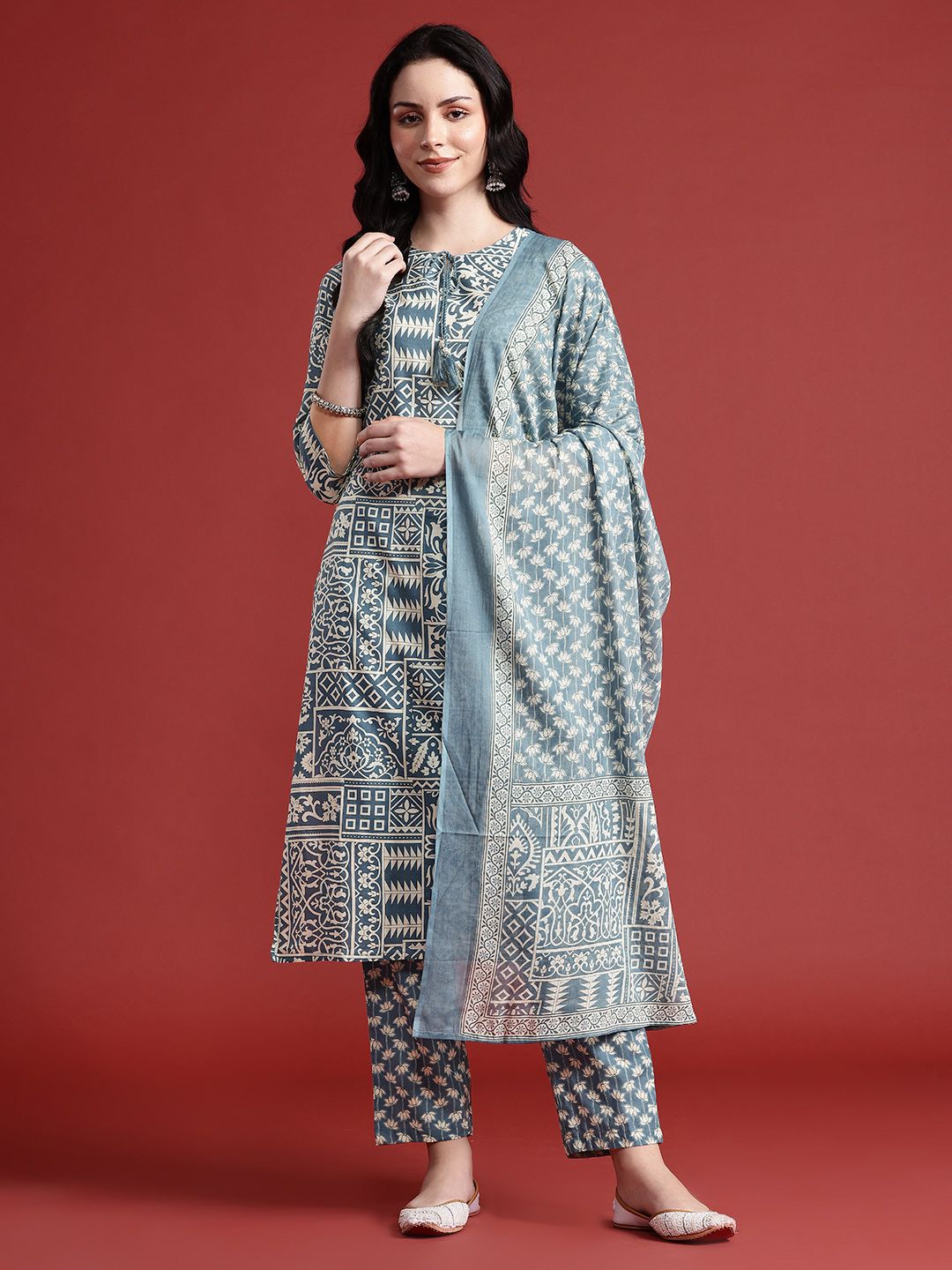 Anouk Ethnic Motif Print Pure Cotton Kurta with Trousers & Dupatta