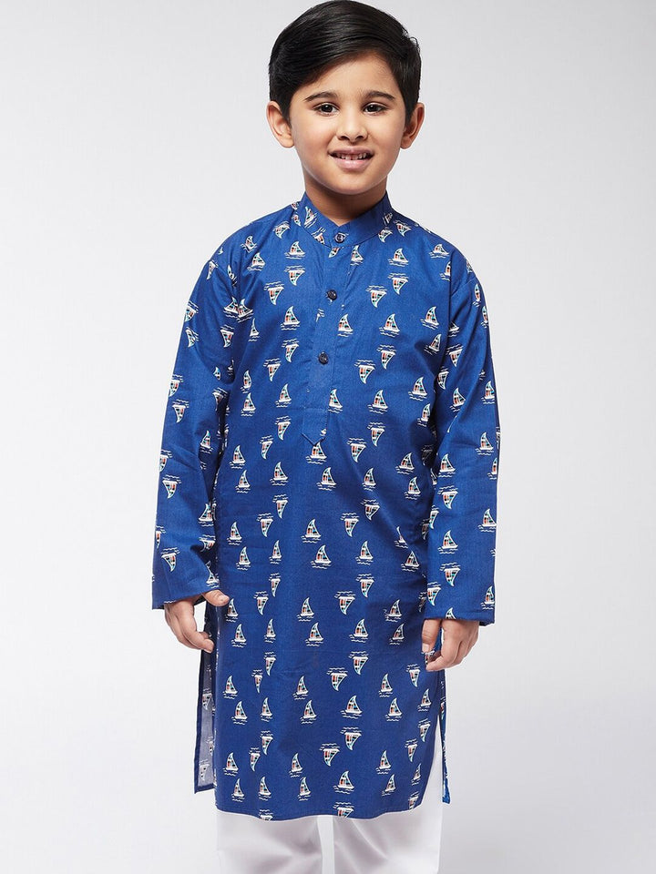 SOJANYA Boys Blue & White Quirky Printed Mandarin Collar Cotton Straight Kurta