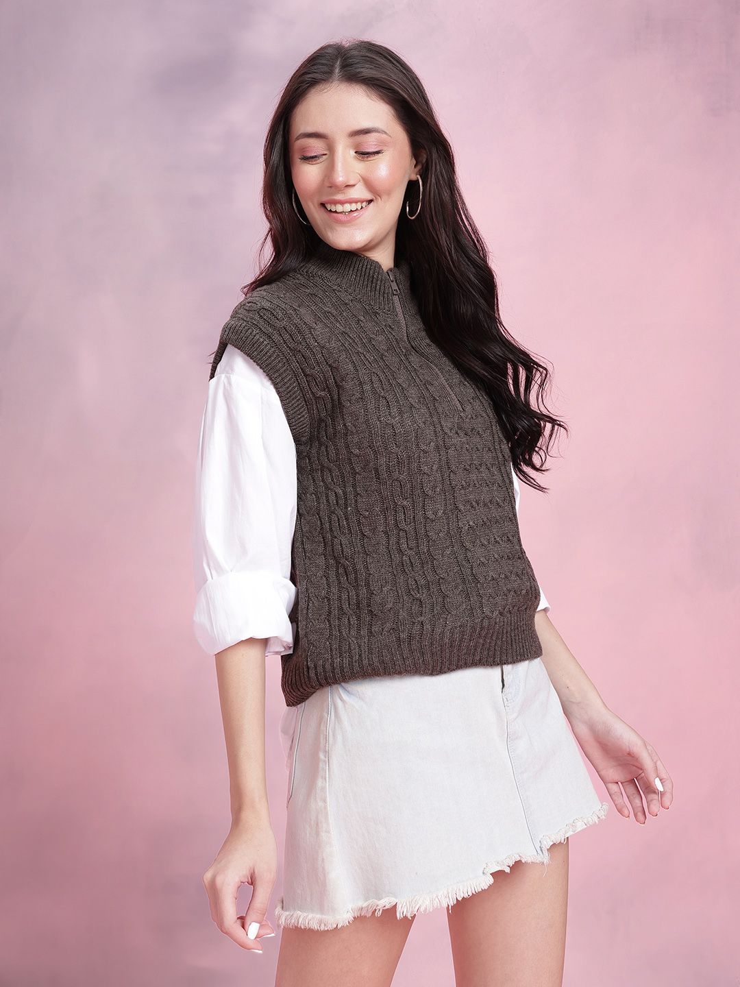 DressBerry Cable Knit Mock Collar Sweater Vest