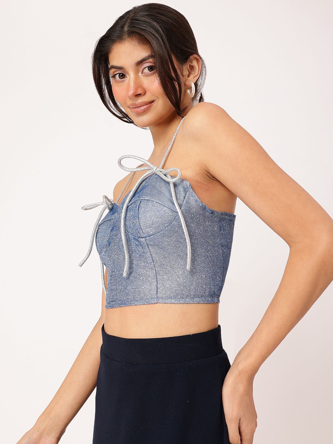DressBerry Glitter Gal Tie-Up Bow Lace Ups Corset Crop Top