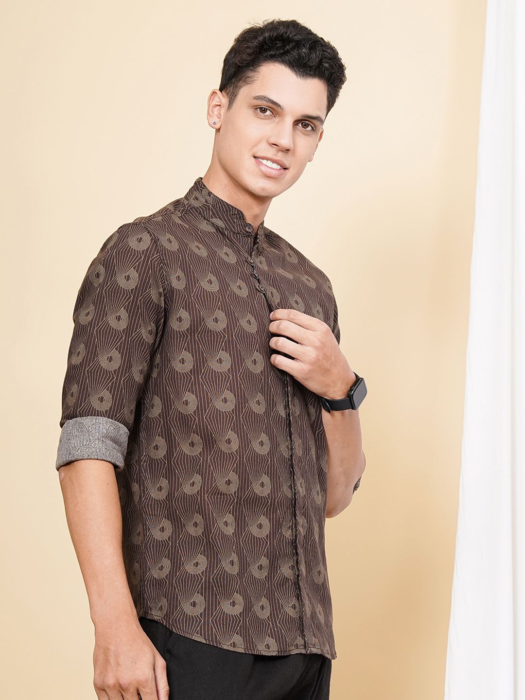 The Indian Garage Co Men Brown & Green Printed Cotton Casual Shirt
