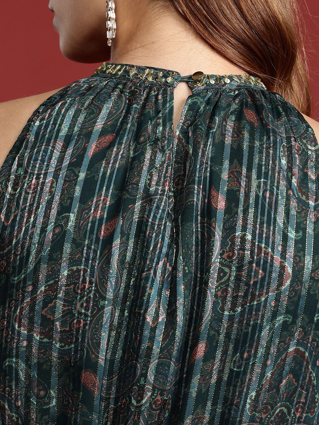 all about you Ethnic Motifs Printed Lurex Stripe Georgette Maxi Dress