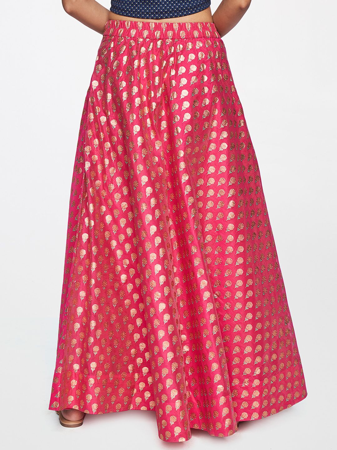 Global Desi Women Fuchsia Ethnic Motifs Woven Design Flared Maxi Skirt