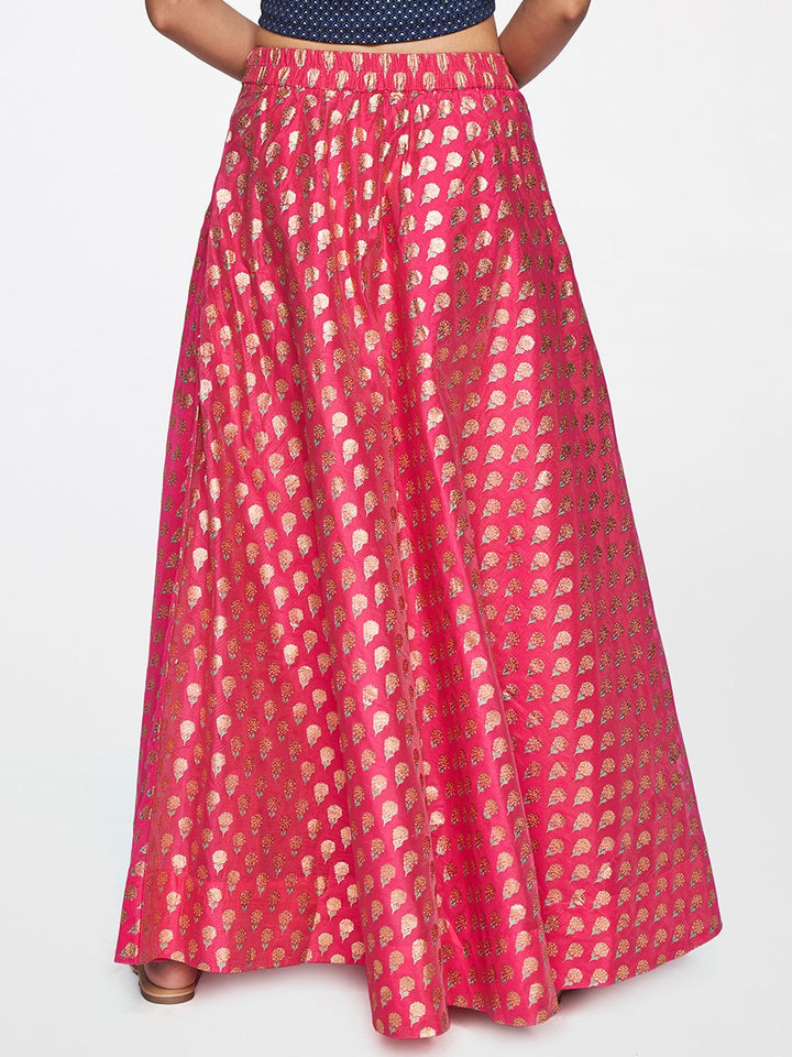 Global Desi Women Fuchsia Ethnic Motifs Woven Design Flared Maxi Skirt