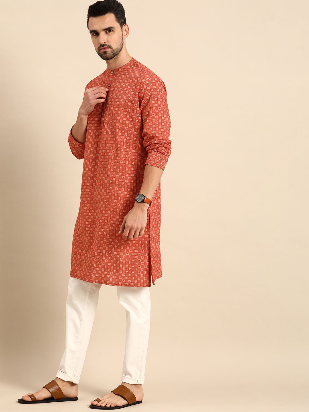 Anouk Men Rust Orange & Off White Geometric Printed Pure Cotton Kurta