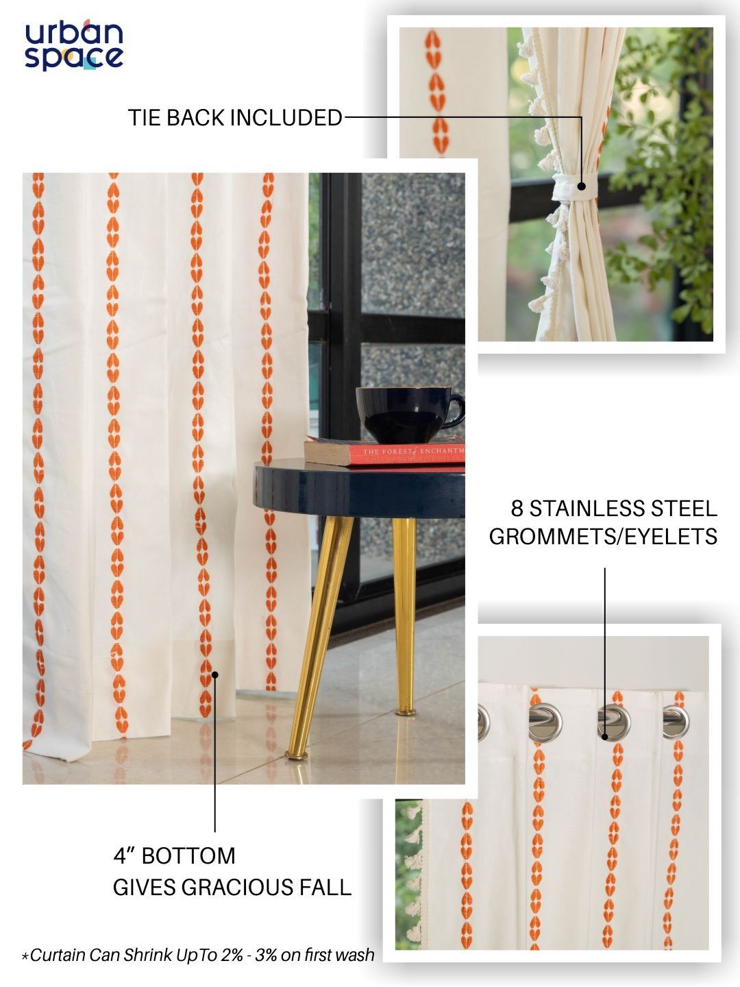URBAN SPACE Orange & White Embroidered Window Curtain