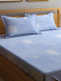 KLOTTHE Blue Geometric Patterned 300 TC Fitted King Bedsheet With 2 Pillow Covers