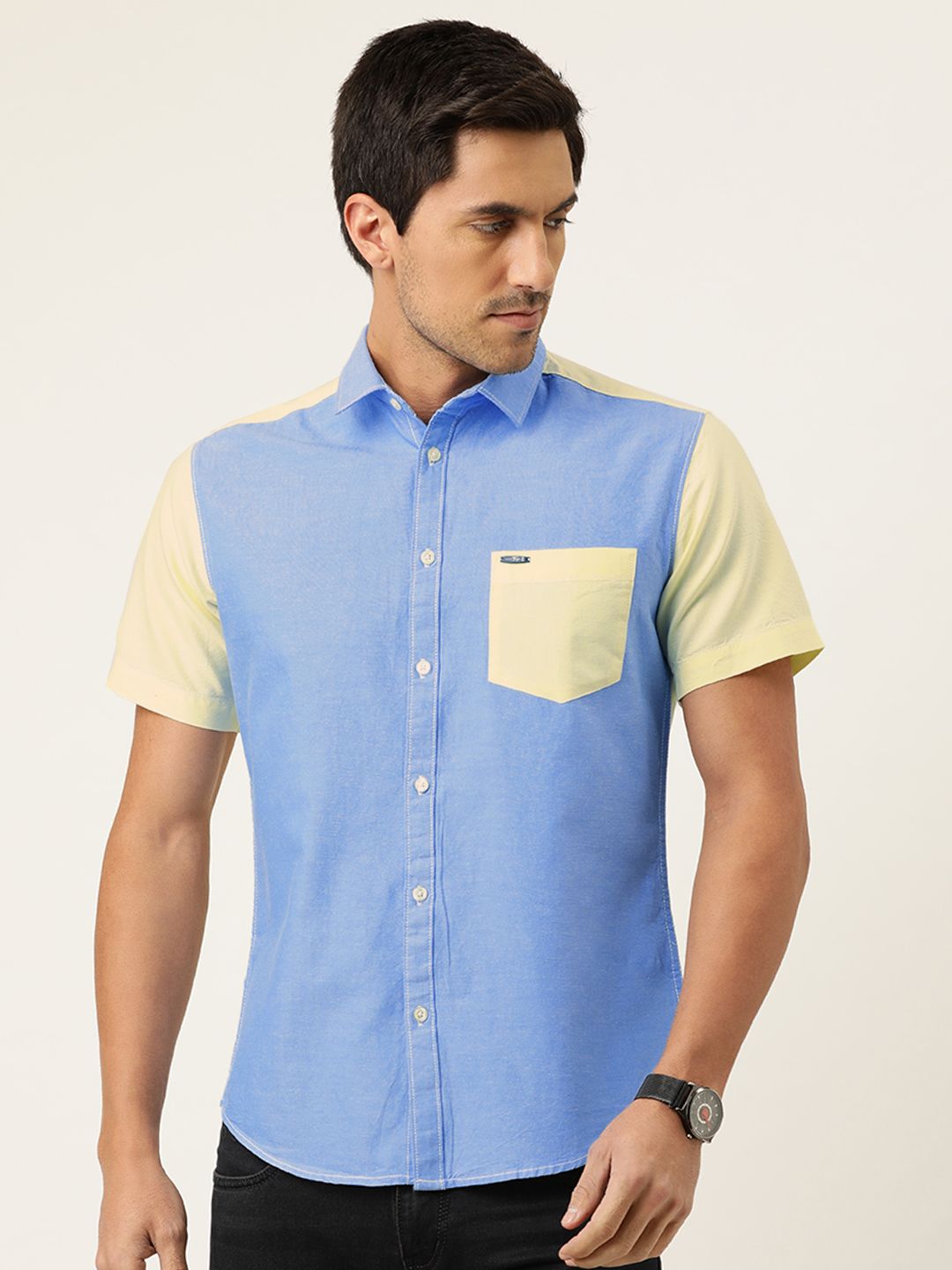 The Indian Garage Co Men Blue & Yellow Slim Fit Colourblocked Casual Shirt