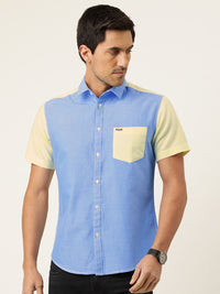 The Indian Garage Co Men Blue & Yellow Slim Fit Colourblocked Casual Shirt