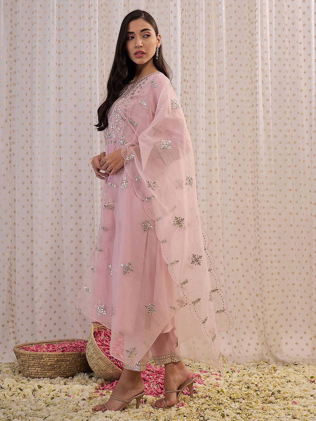 Indo Era Pink Ethnic Motifs Embroidered Gotta Patti Kurta with Trousers & Dupatta
