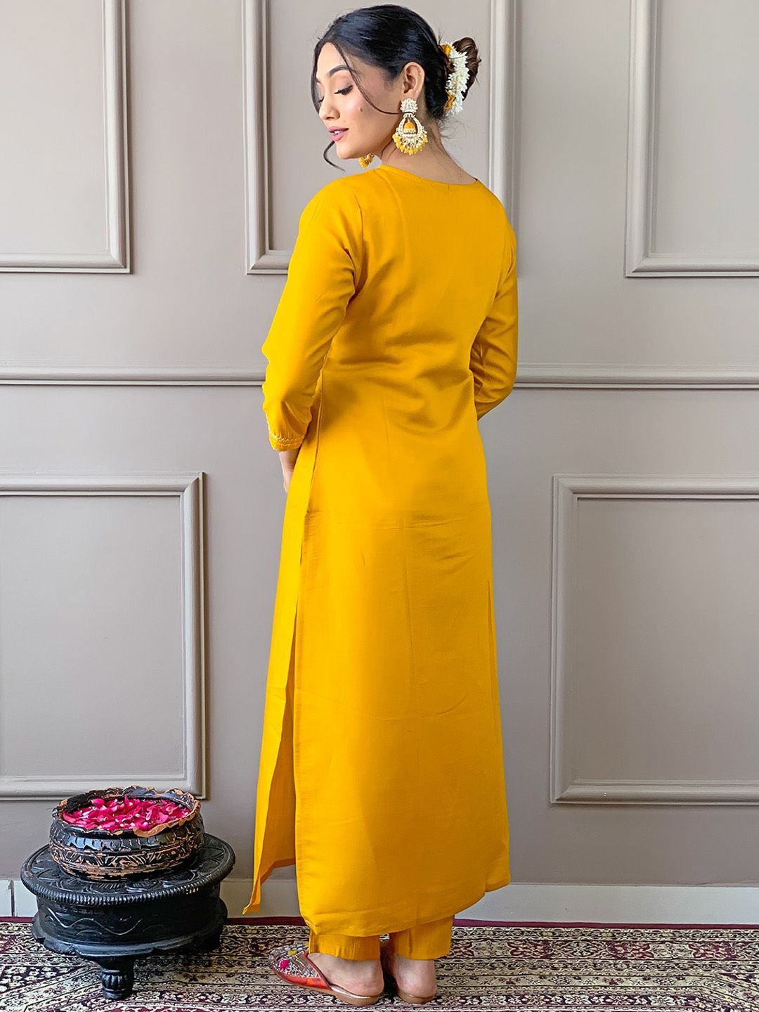 KALINI Floral Embroidered Straight Kurta With Trousers & Dupatta