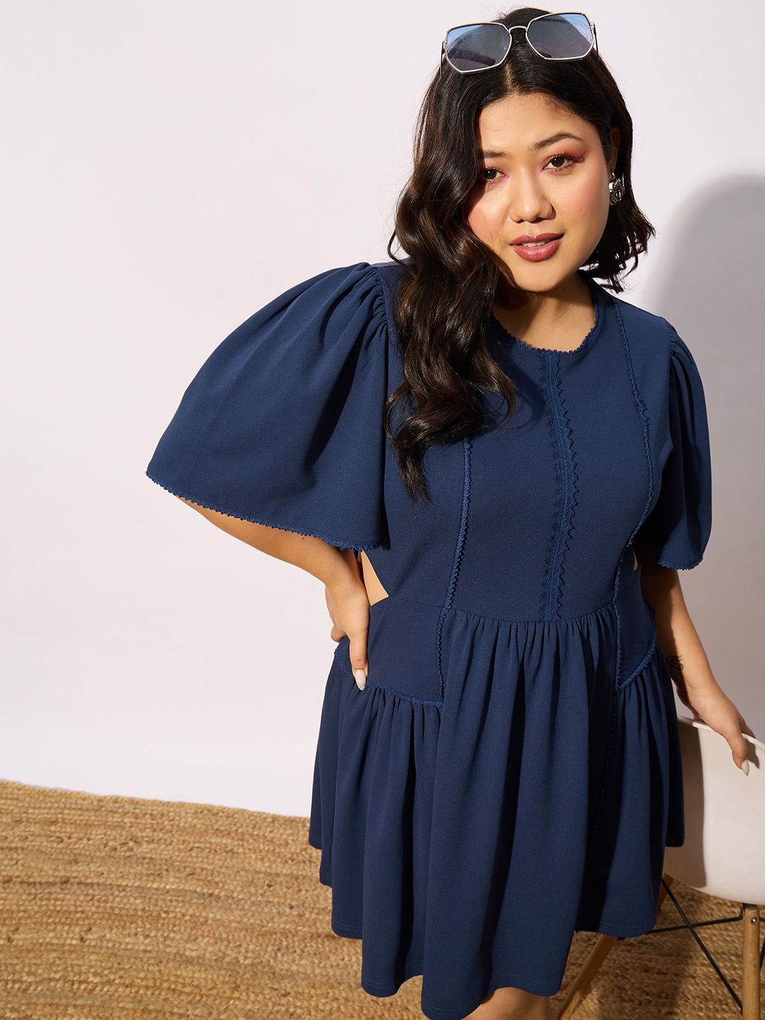 SASSAFRAS Curve Plus Size Navy Blue Round Neck Puff Sleeves Gathered Fit & Flare Dress