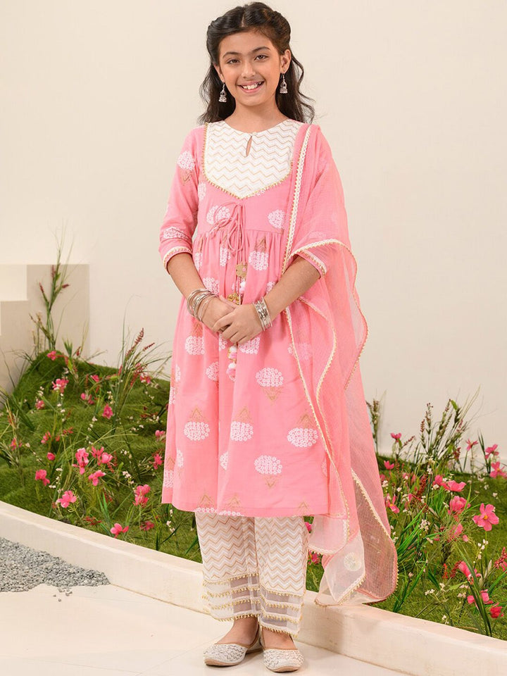 pspeaches Girls Floral Printed Regular Pure Cotton Kurta with Pyjamas & Dupatta