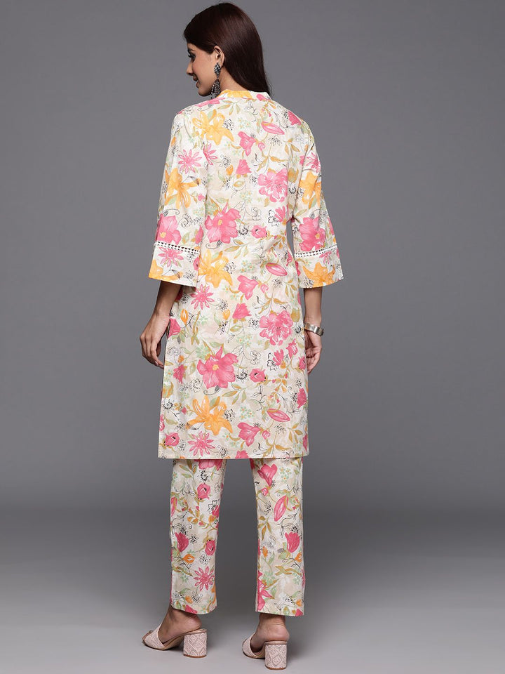 Varanga Off White Floral Printed Pure Cotton Lace Detailed Kurta With Trouser
