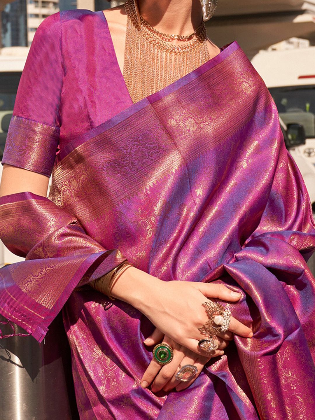 Saree mall Ethnic Motifs Zari Kanjeevaram Saree with Tassels