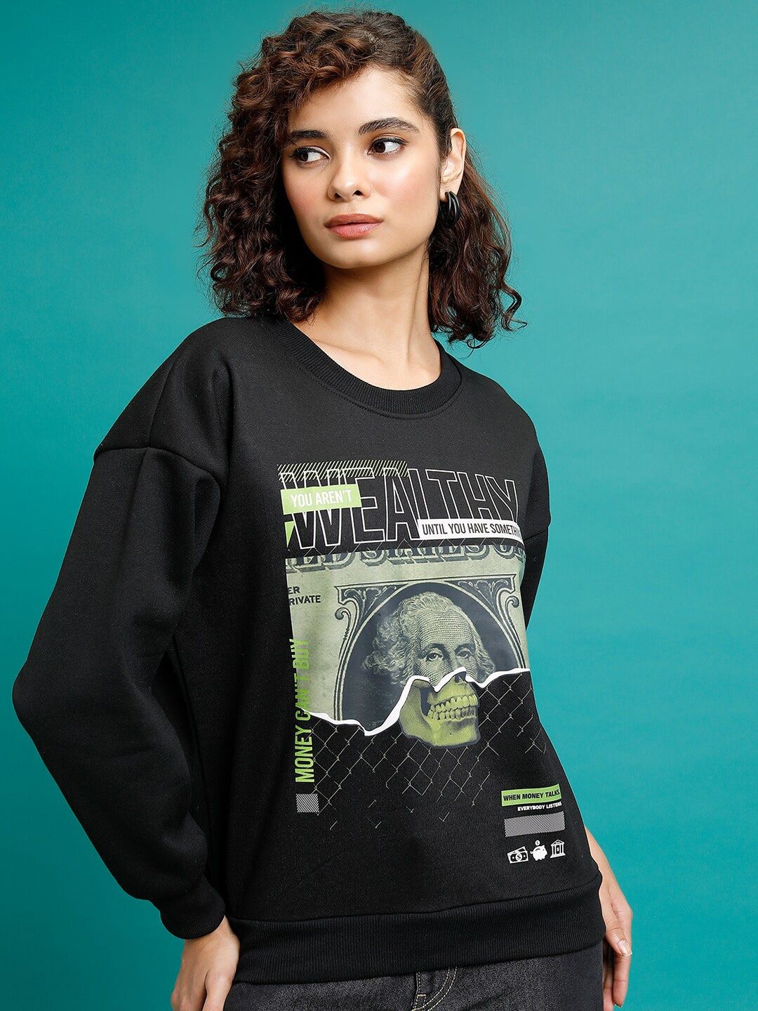 Tokyo Talkies Black Graphic Printed Round Neck Oversized Pullover Sweatshirt