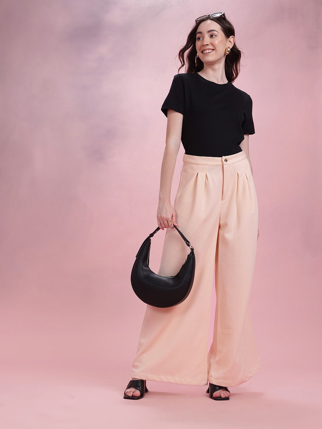 DressBerry Women Textured High-Rise Pleated Wide-Leg Trousers